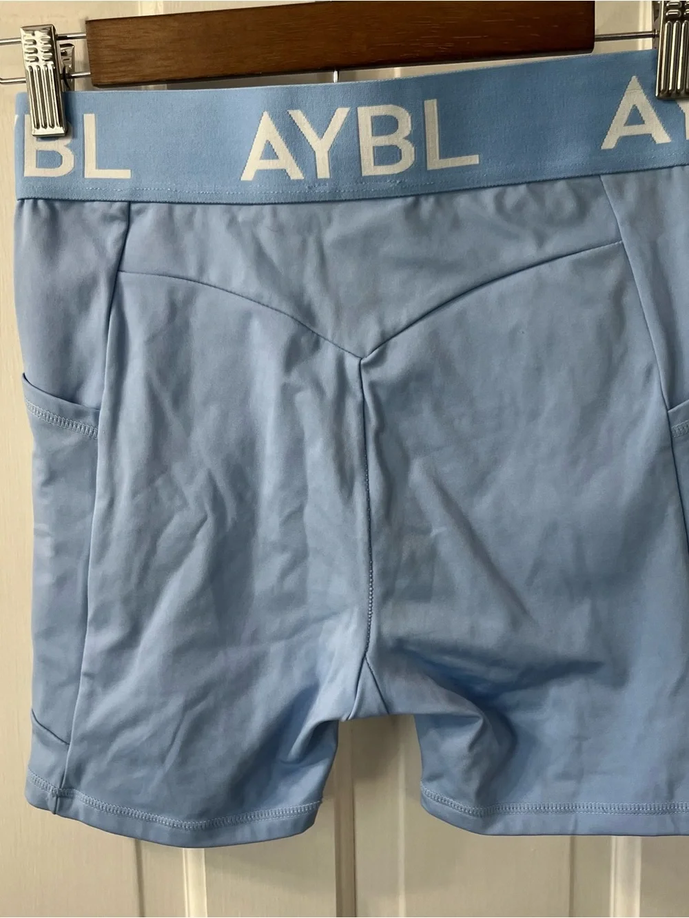 AYBL Sky Blue Performance Bra & High-Waist Shorts Set. Size Small